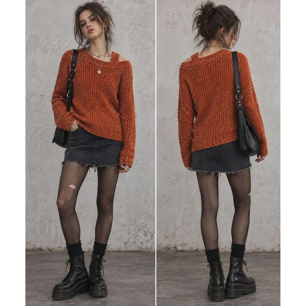 CBRAND Burnt Orange Marl Cold Shoulder Knit Sweater 2XL MACB025TS